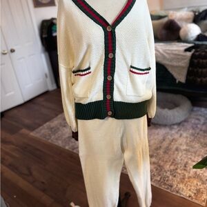 Cream and Green Cardigan and Pants Set